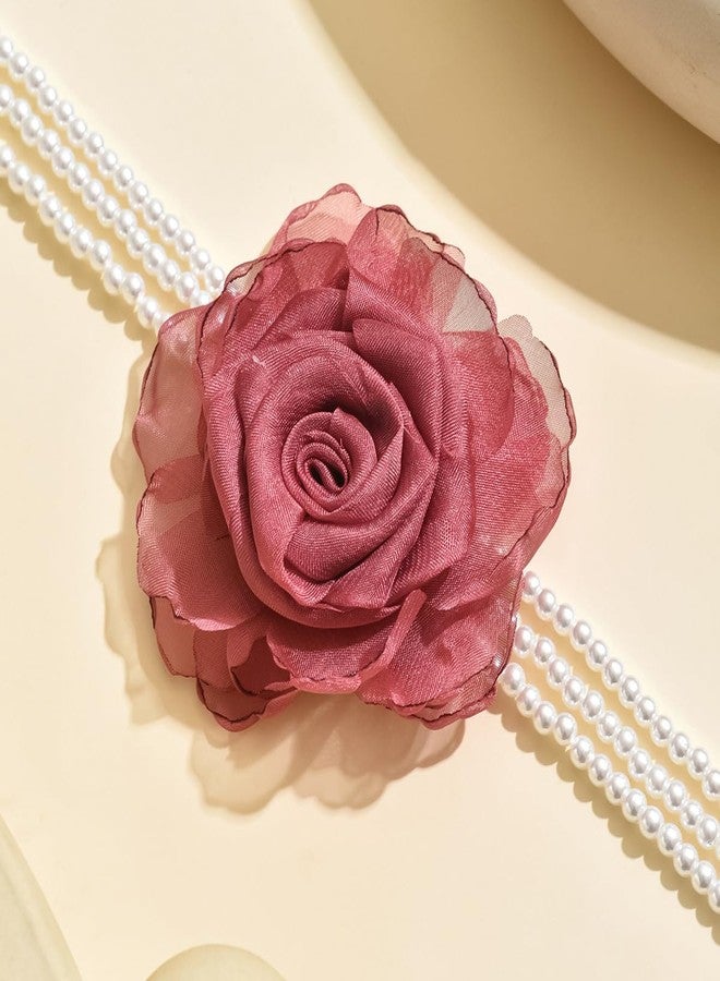 IS4U Layered Pearl Flower Choker Necklace Large Camellia Flower Necklace Multilayer Pearl Clavicle Fashion Statement Necklace Prom Party Banquet Wedding Dress Jewelry for Women (Rose Red) - Image 2